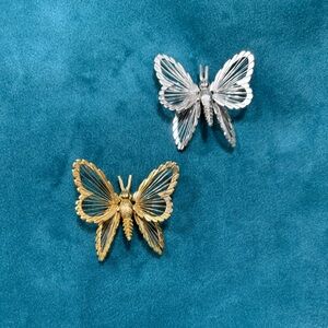 Monet Butterfly Pins Set of 2- a Gold-tone and a Silver-tone Vintage circa 1960